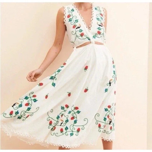 Farm Rio Cross Stitch Toucan Raspberries Fruit Embroidered Dress Size Small - Picture 1 of 6